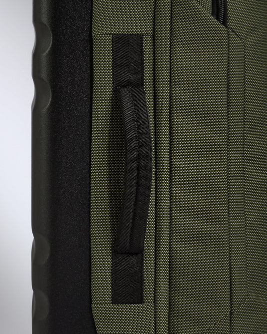 close up of a green and black suitcase