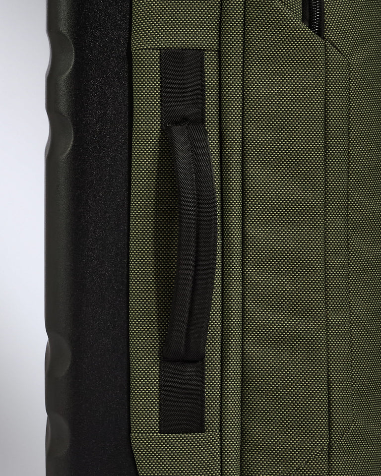 close up of a green and black suitcase
